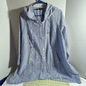 Jones & Co Women's Coverup Hooded 2X P2P 28" L 31" Blue Striped Linen Blend